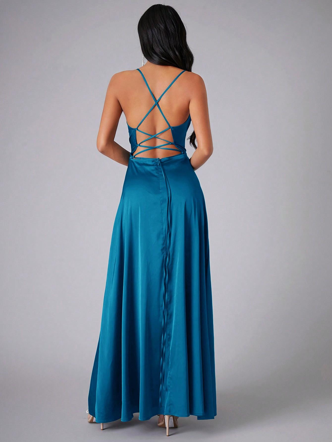 SHEIN SATYNOWA NIEBIESKA SUKIENKA ODKRYTE PLECY S06__S