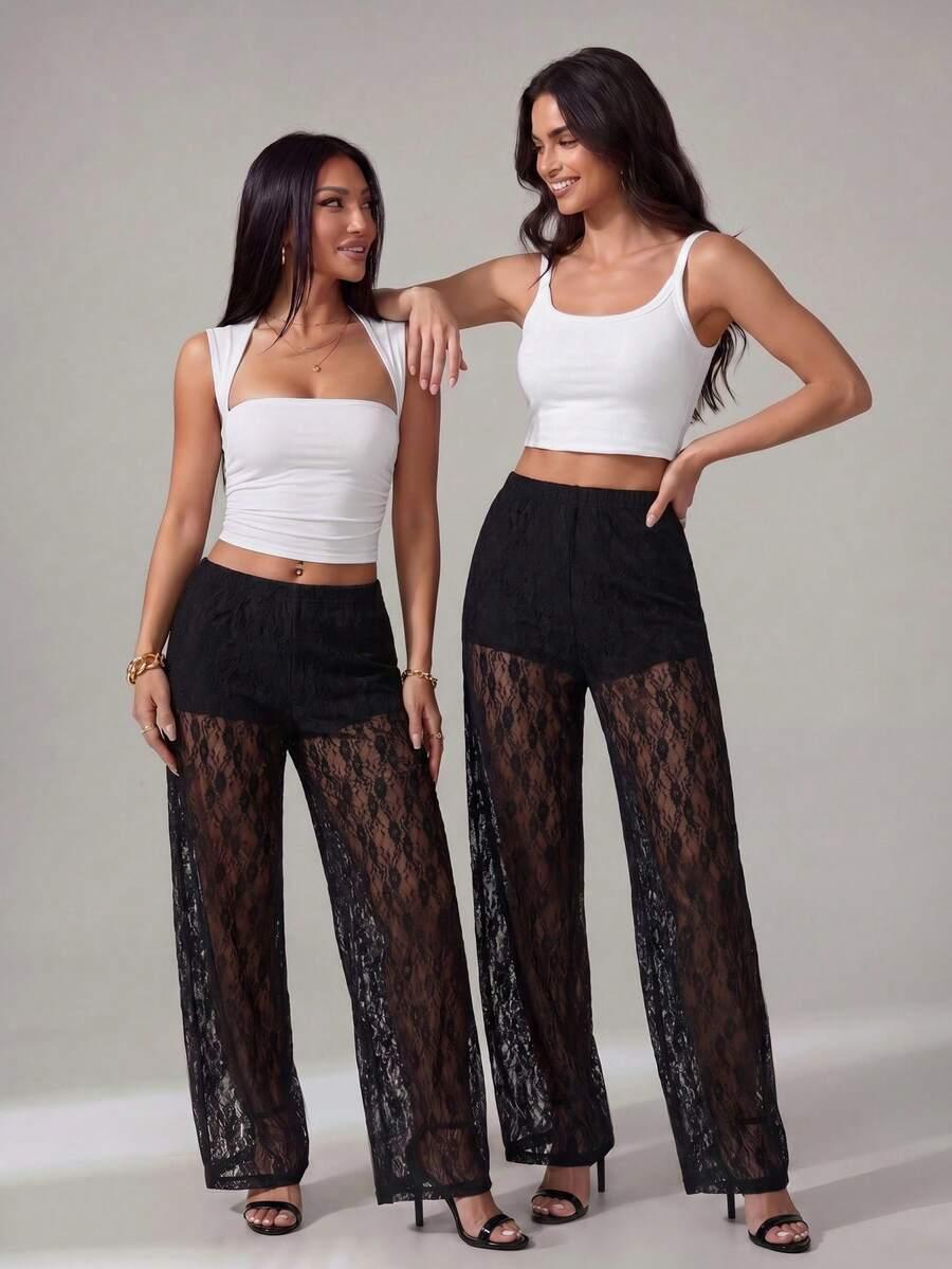 SHEIN CZARNE KORONKOWE SPODNIE S06__S