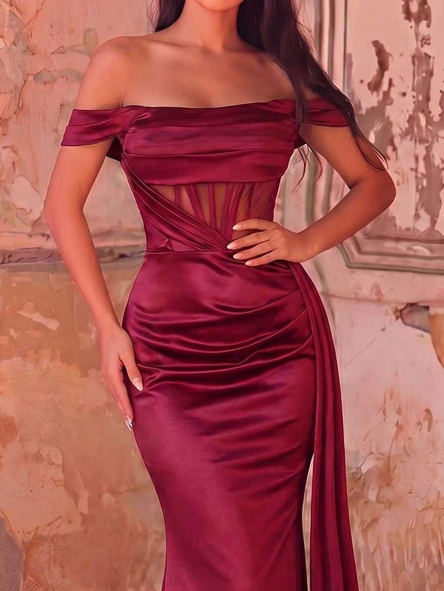 SHEIN BORDOWA MAXI SUKIENKA ODKRYTE RAMIONA S06__L