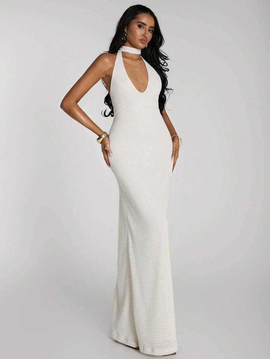SHEIN KREMOWA MAXI SUKIENKA GŁĘBOKI DEKOLT PK01__M