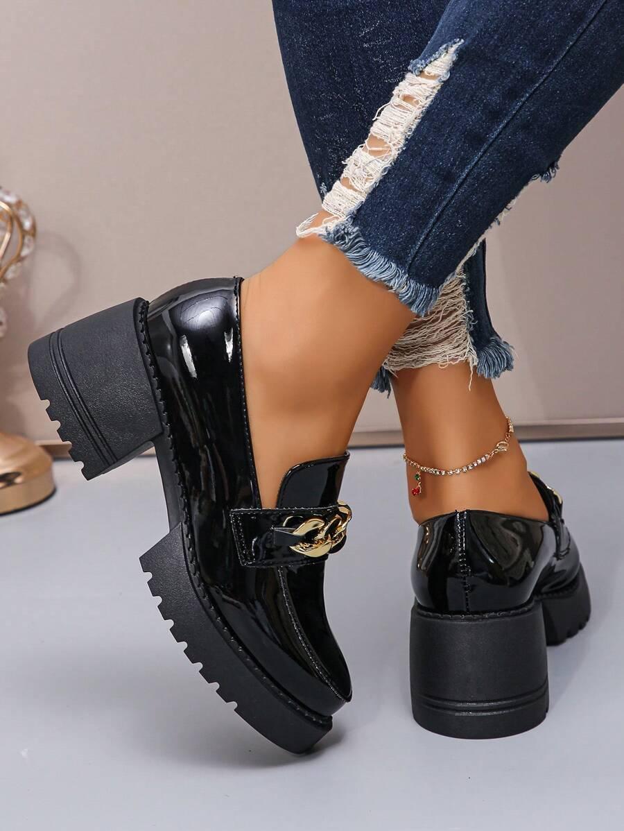 SHEIN CZARNE LAKIEROWANE MOKASYNY NA OBCASIE PK01__39