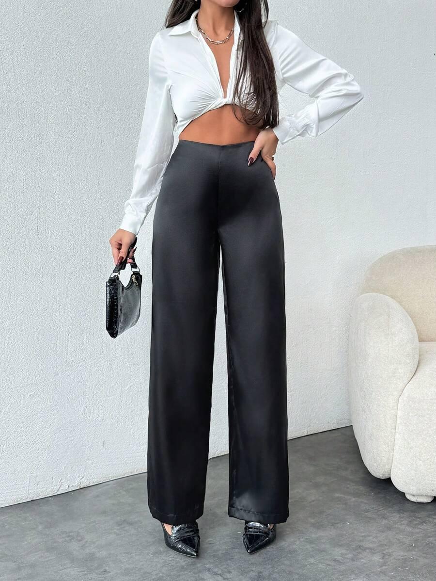 SHEIN CZARNE SATYNOWE SPODNIE S06__S