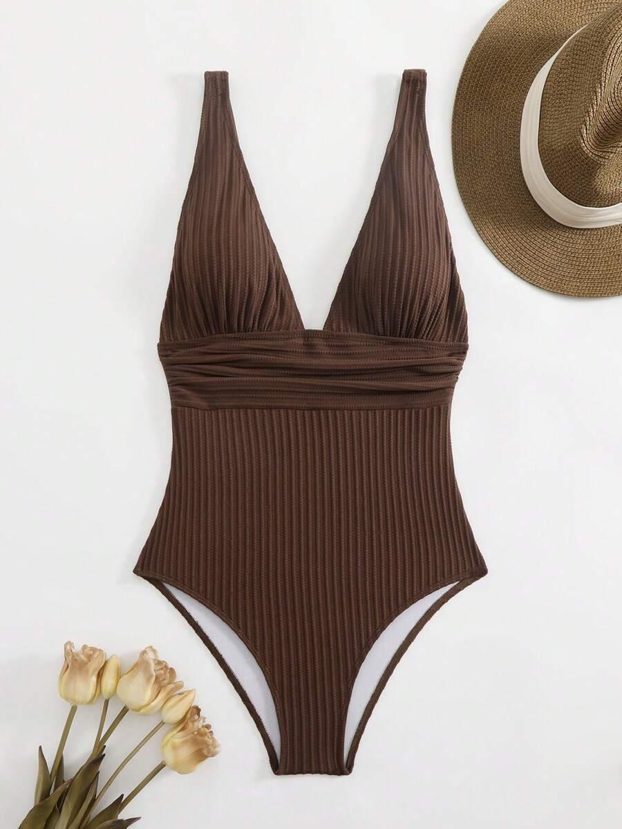 SHEIN BRĄZOWY STRÓJ KĄPIELOWY JEDNOCZĘŚCIOWY S09__L
