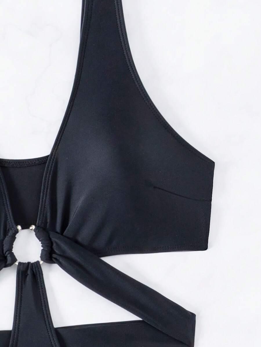 SHEIN CZARNY JEDNOCZĘŚCIOWY STRÓJ KĄPIELOWY WYCIĘCIA S09__L