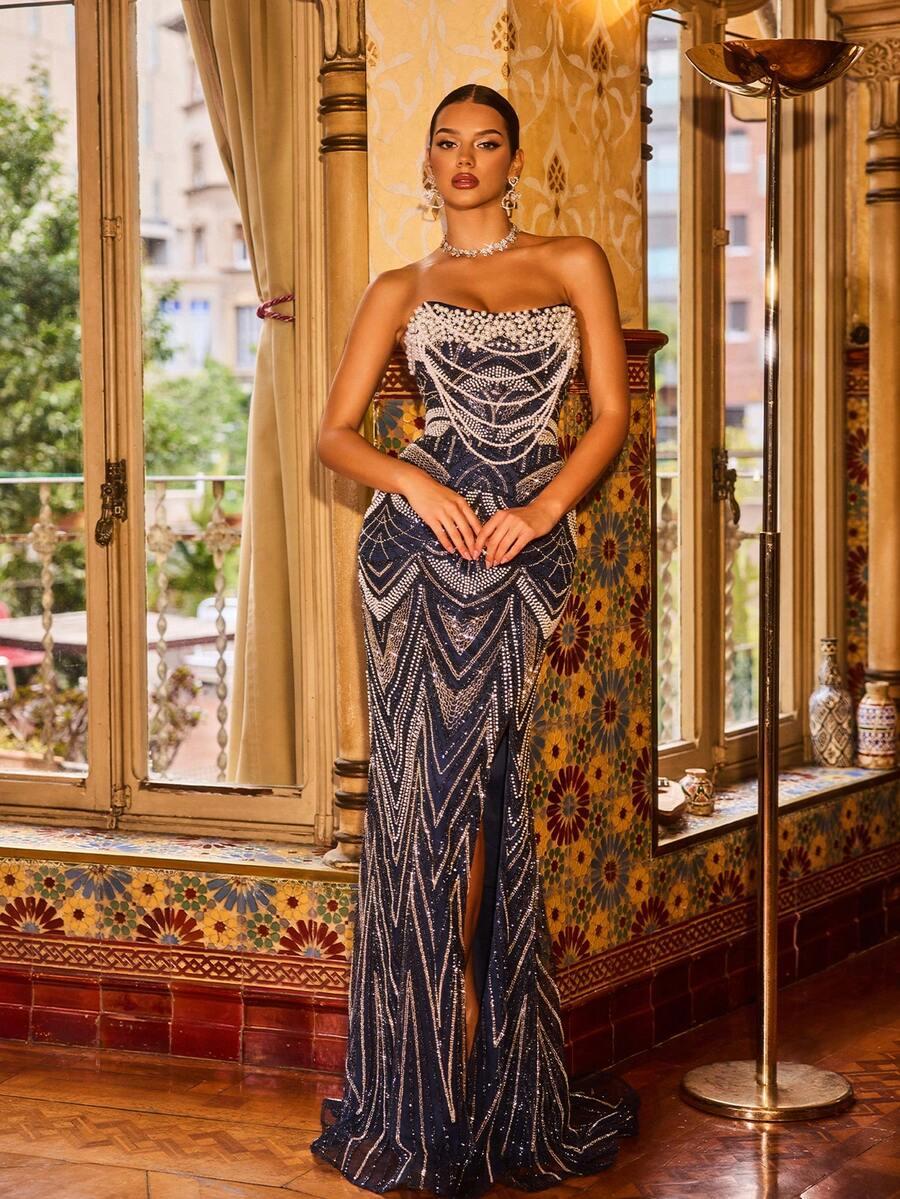 SHEIN GRANATOWA MAXI SUKIENKA ZDOBIENIA ODKRYTE RAMIONA S09__M