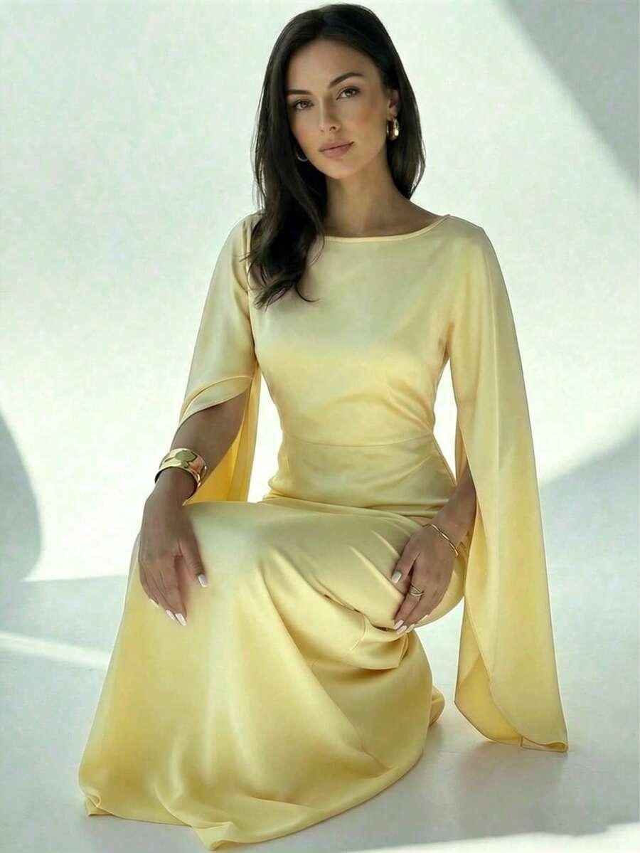 SHEIN SATYNOWA ŻÓŁTA MAXI SUKIENKA PK01__M