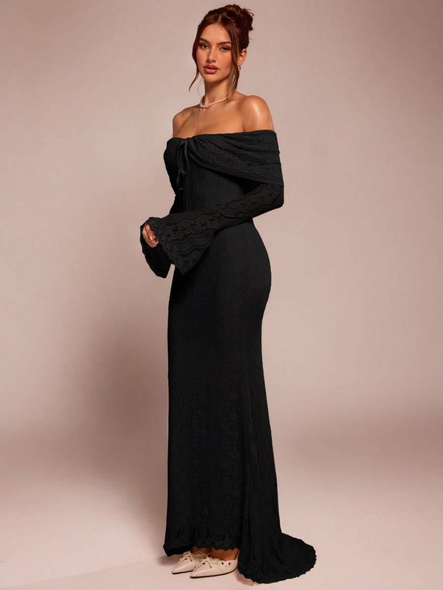 SHEIN CZARNA MAXI SUKIENKA KORONKA S06__M