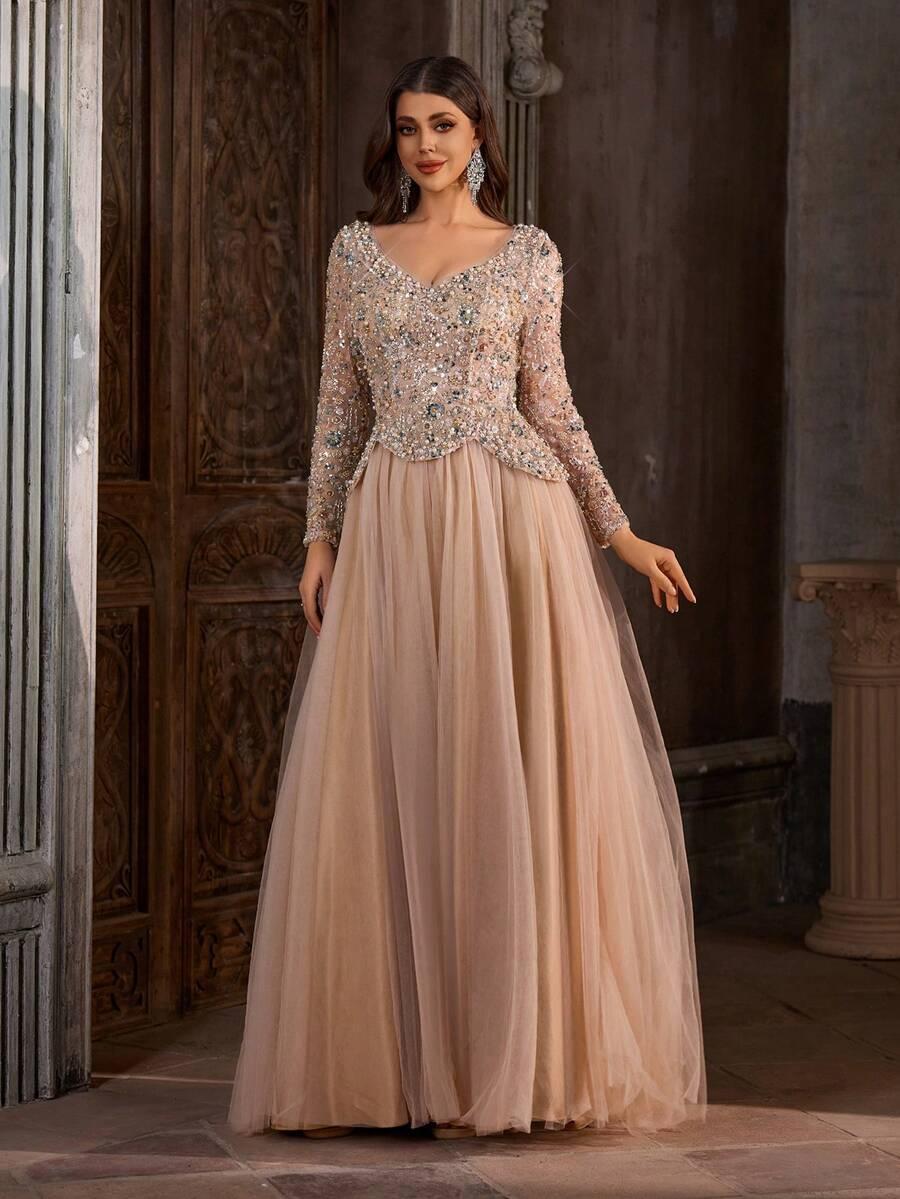 SHEIN BEŻOWA MAXI SUKIENKA S06__L