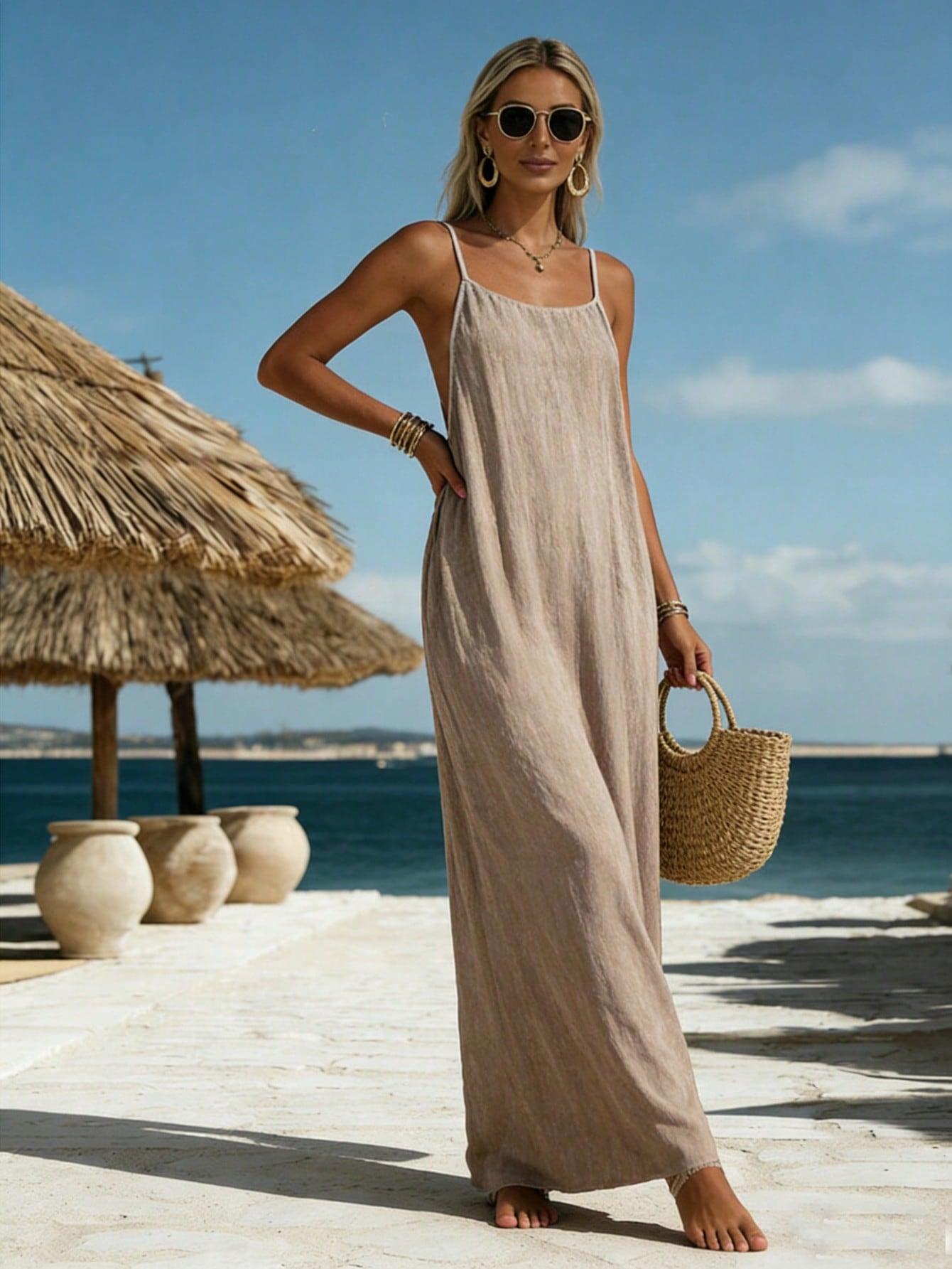 SHEIN BEŻOWA MAXI SUKIENKA S06__S