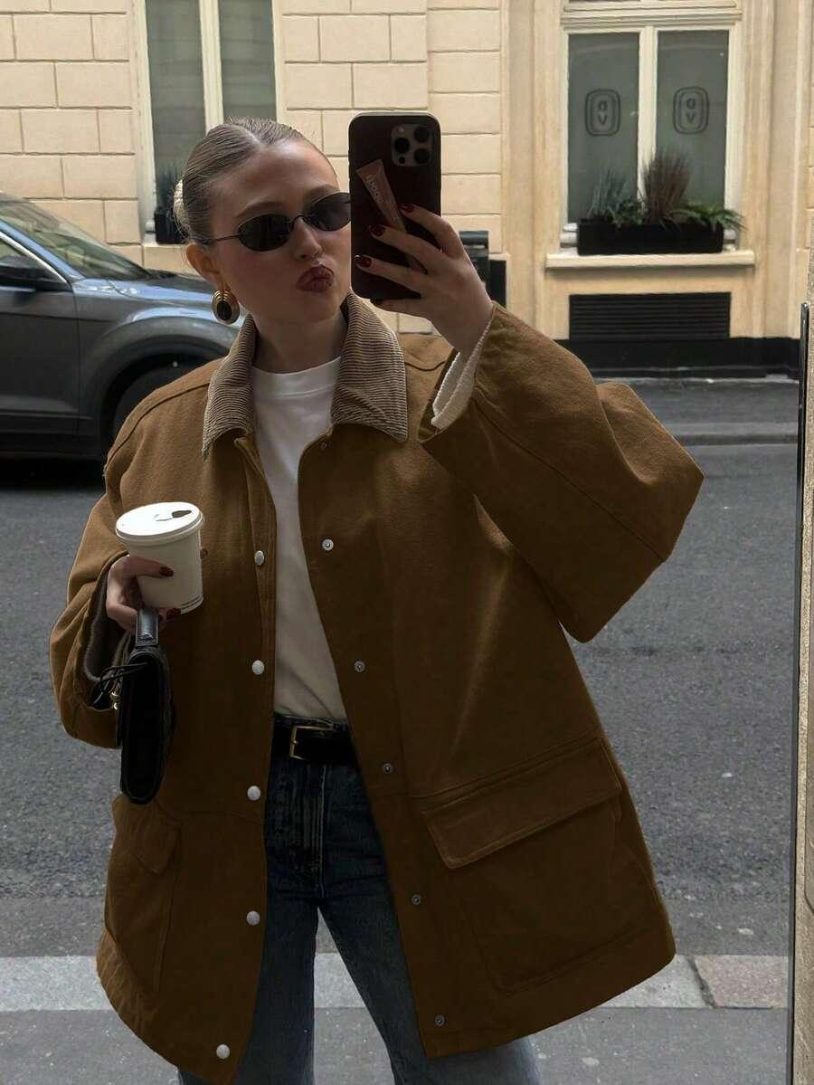SHEIN BRĄZOWA KURTKA KIESZENIE W01__L