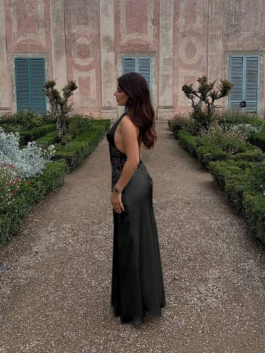 SHEIN CZARNA SATYNOWA MAXI SUKIENKA KORONKA S06__S
