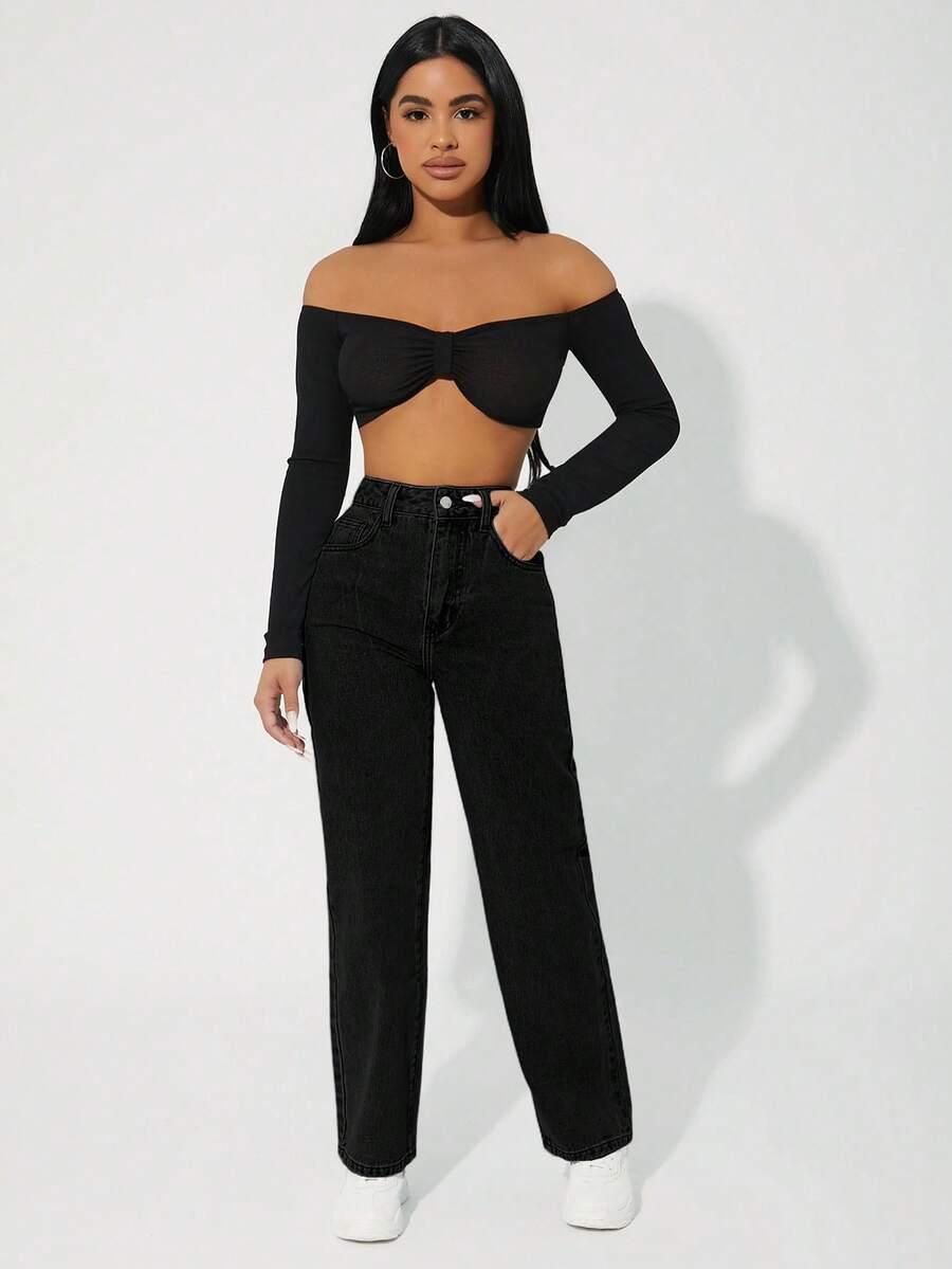 SHEIN PROSTE CZARNE SPODNIE JEANS WYSOKI STAN PK01__XS