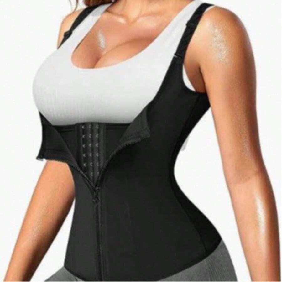 SHEIN CZARNY MODELUJĄCY KOMPRESYJNY TOP HAFTKI ZAMEK S06__L
