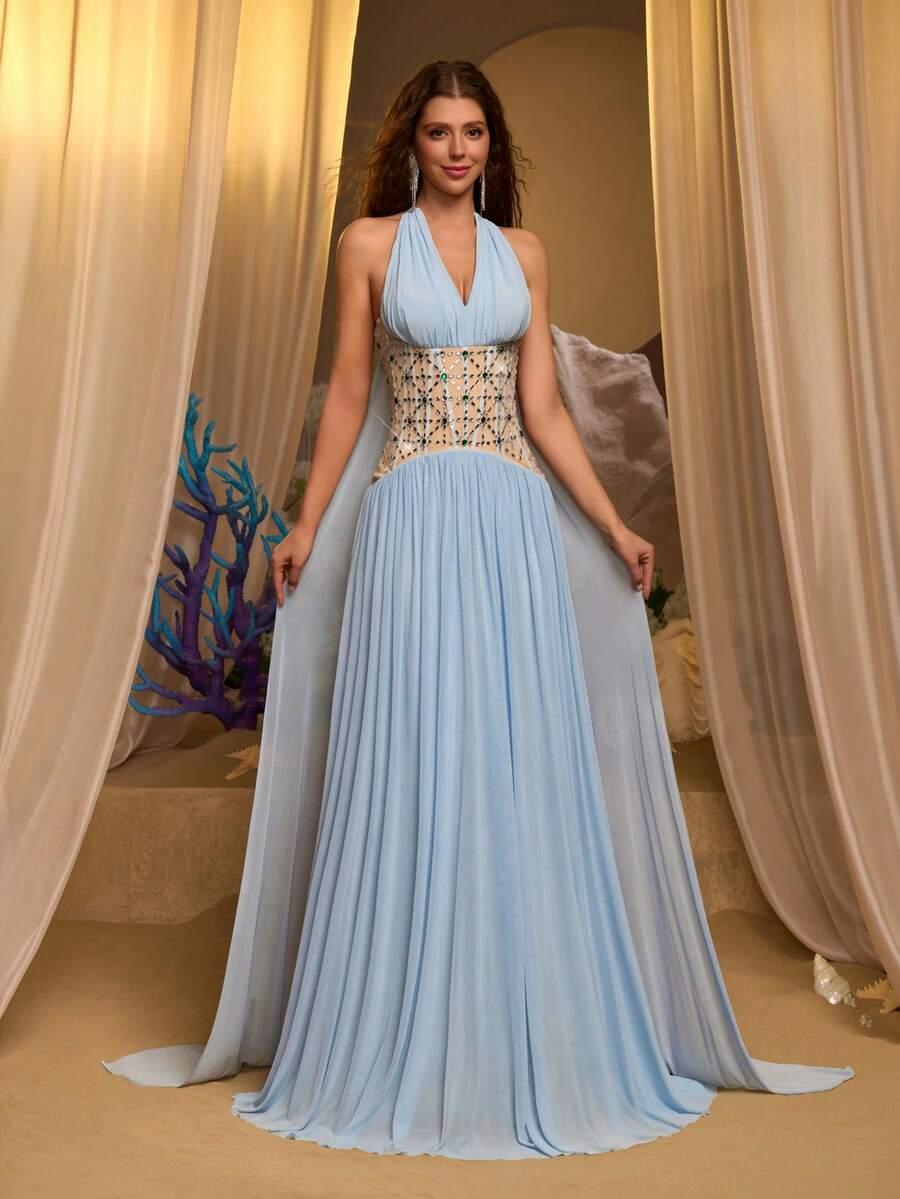 GLAMRAE NIEBIESKA MAXI SUKIENKA ZDOBIENIE S06__S