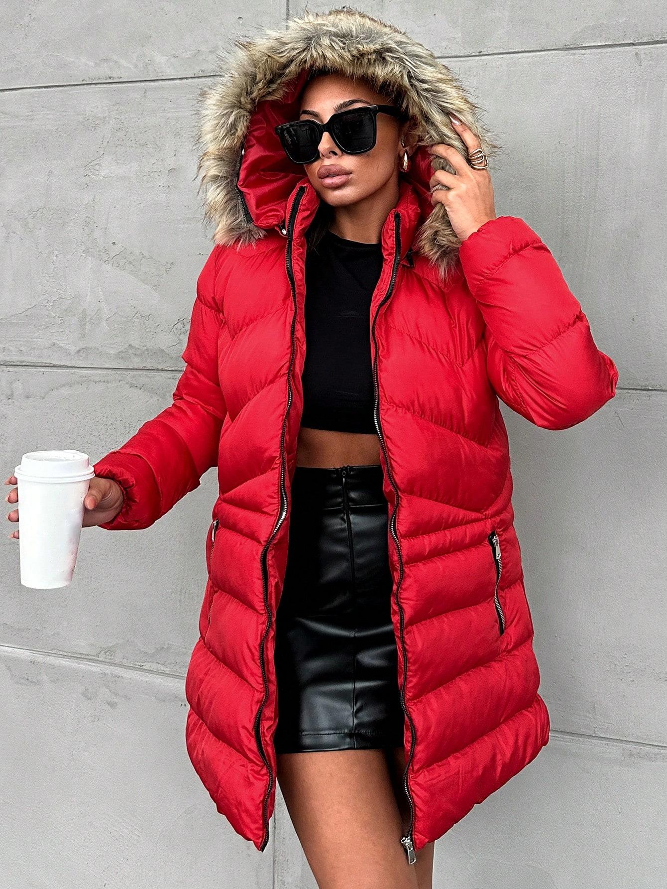 SHEIN CZERWONA KURTKA Z KAPTUREM FUTERKO W01__M
