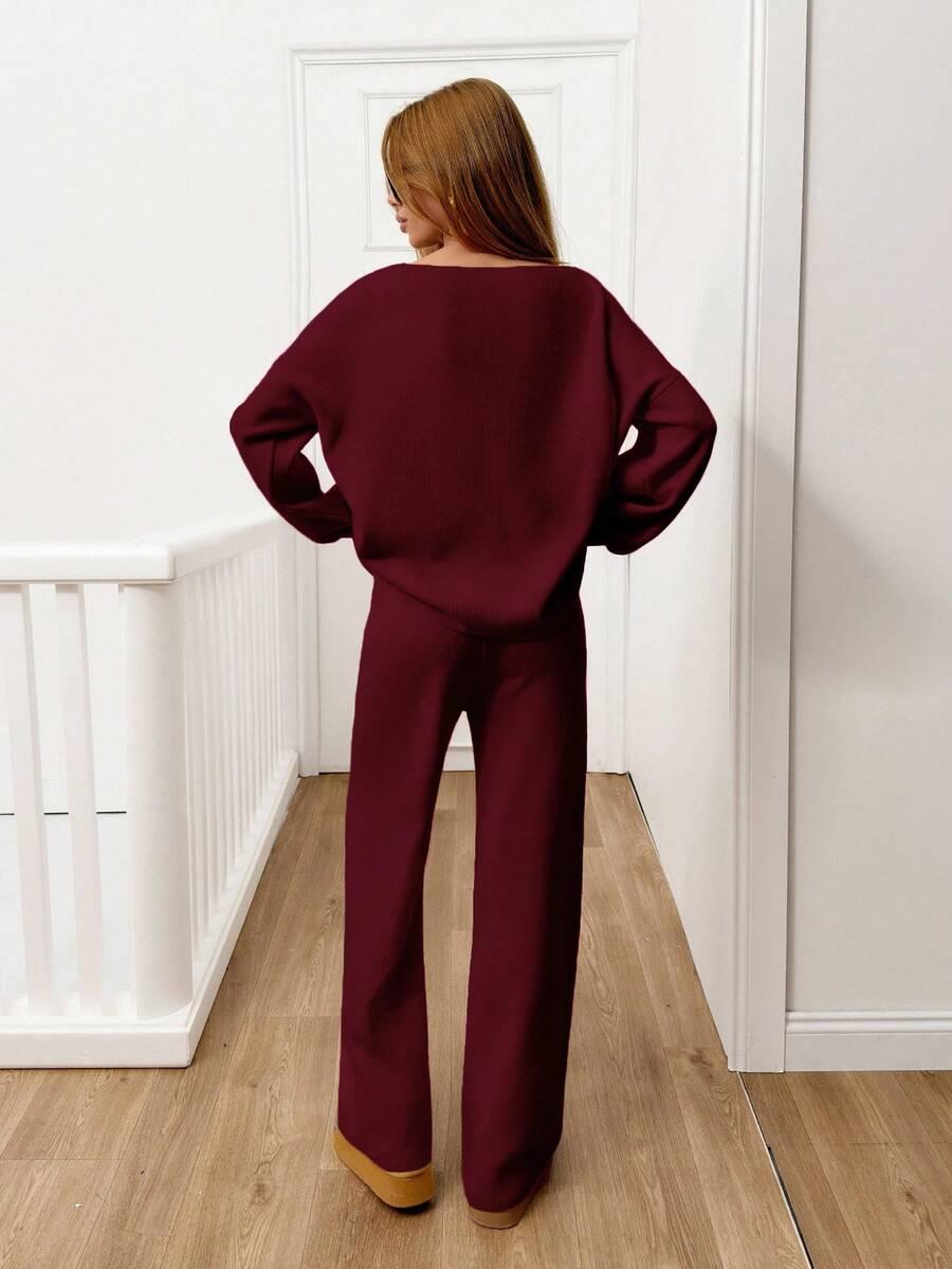 SHEIN BORDOWY DZIANINOWY KOMPLET SWETER SPODNIE S06__M