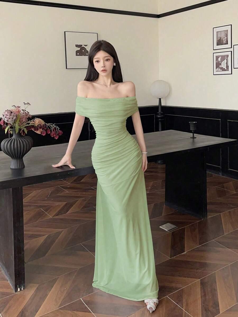 SHEIN ZIELONA MAXI SUKIENKA ODKRYTE RAMIONA S06__S