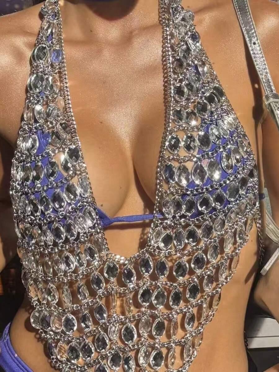 SHEIN SREBRNY TOP ZDOBIENIE S06__OS