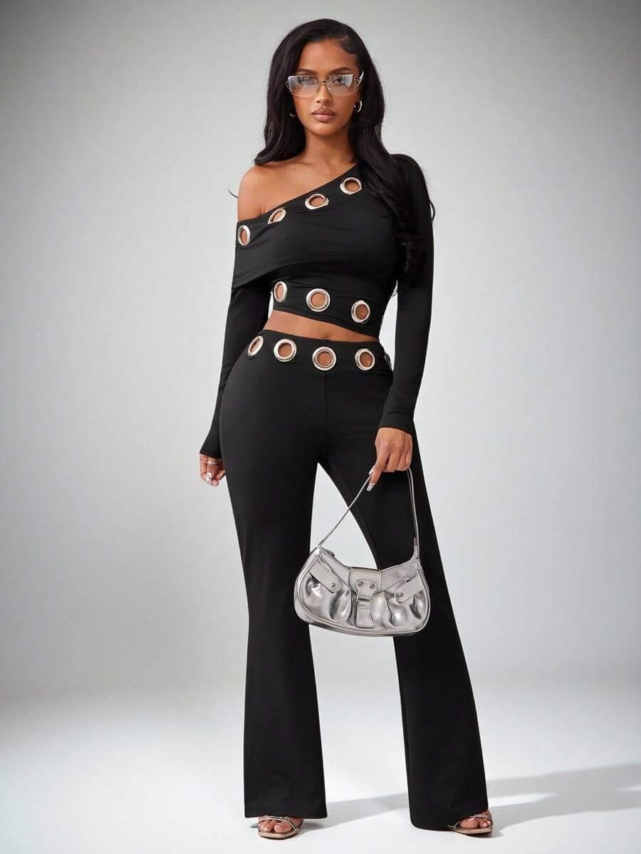 SHEIN CZARNY KOMPLET TOP SPODNIE S06__XS