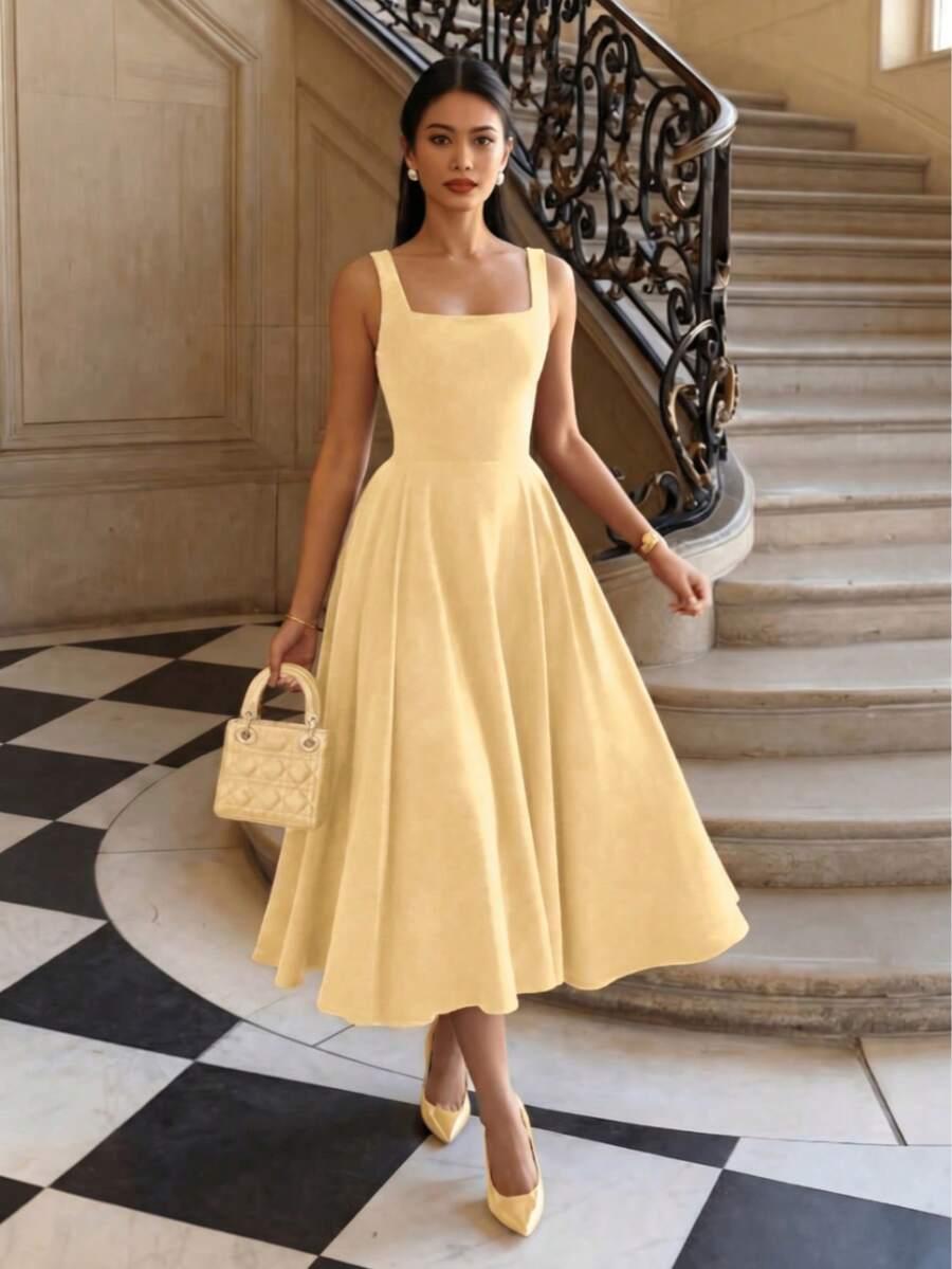 SHEIN ŻÓŁTA ROZKLOSZOWANA SUKIENKA ODKRYTE PLECY PK01__M