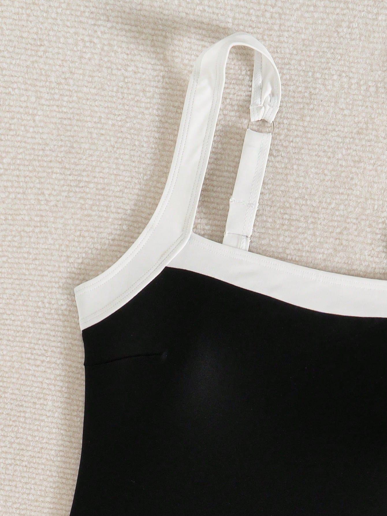 SHEIN CZARNY JEDNOCZĘŚCIOWY STRÓJ KĄPIELOWY KONTRAST S09__XL