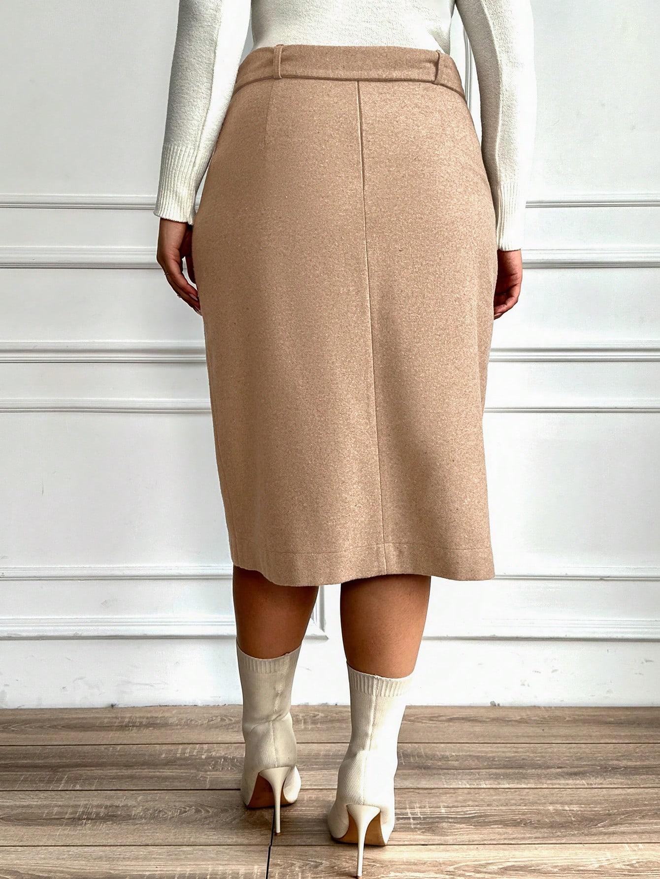 SHEIN BEŻOWA MIDI SPÓDNICA ZAMEK S06__50
