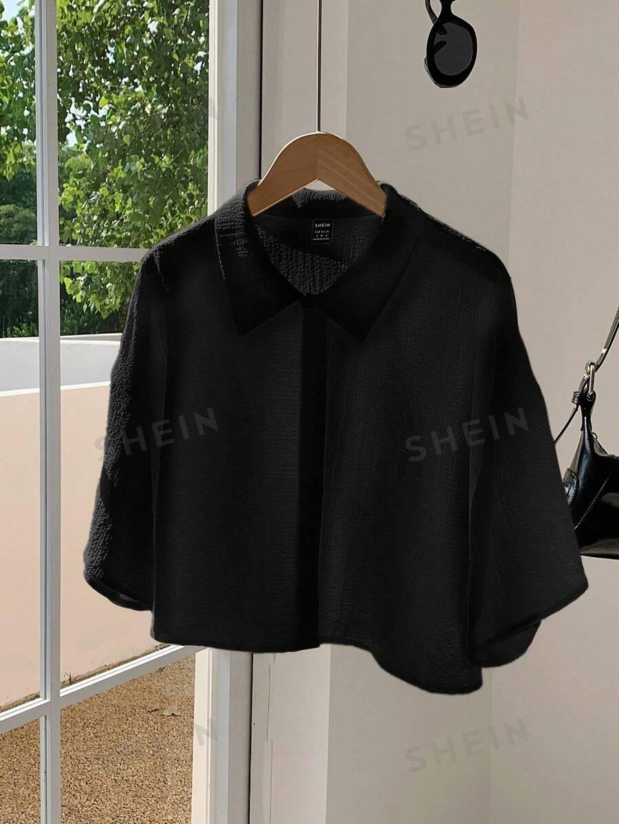 SHEIN CZARNA KRÓTKA KOSZULA Z KRÓTKIM RĘKAWEM KOŁNIERZYK GUZIKI S06__M