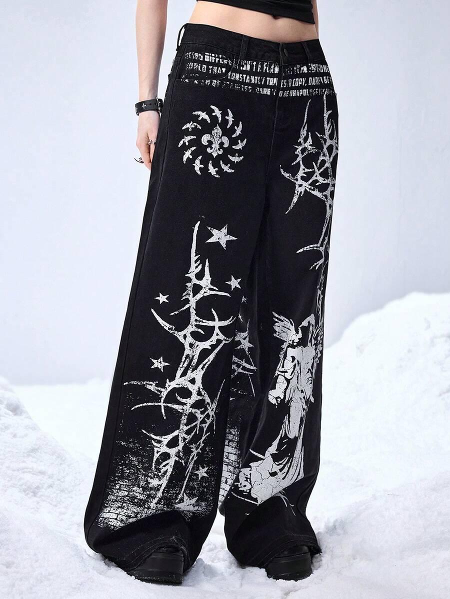 ROMWE CZARNE SPODNIE JEANS PRINT S06__S
