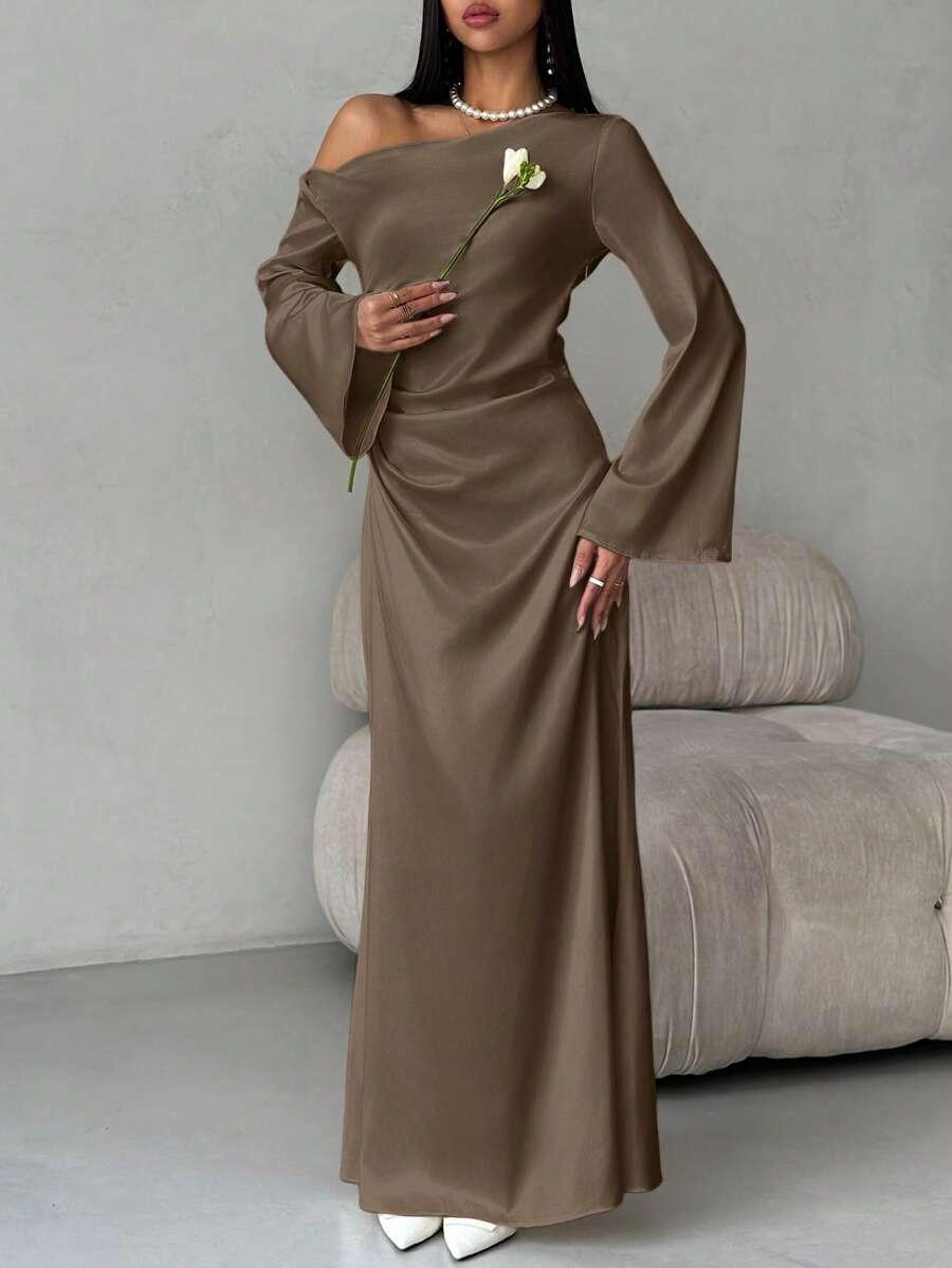 SHEIN BRĄZOWA MAXI SUKIENKA S06__L