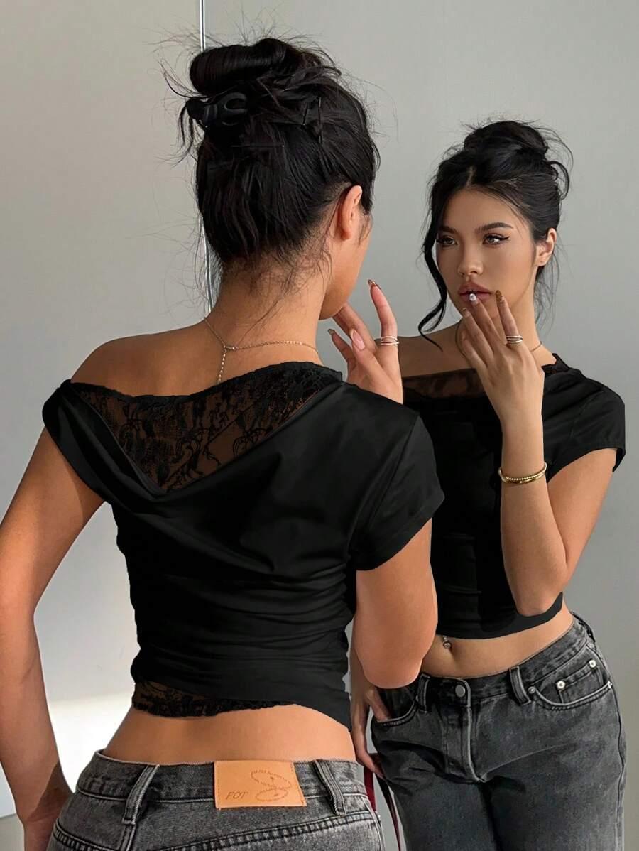 SHEIN CZARNY TOP ASYMETRYCZNY KORONKA S06__XS