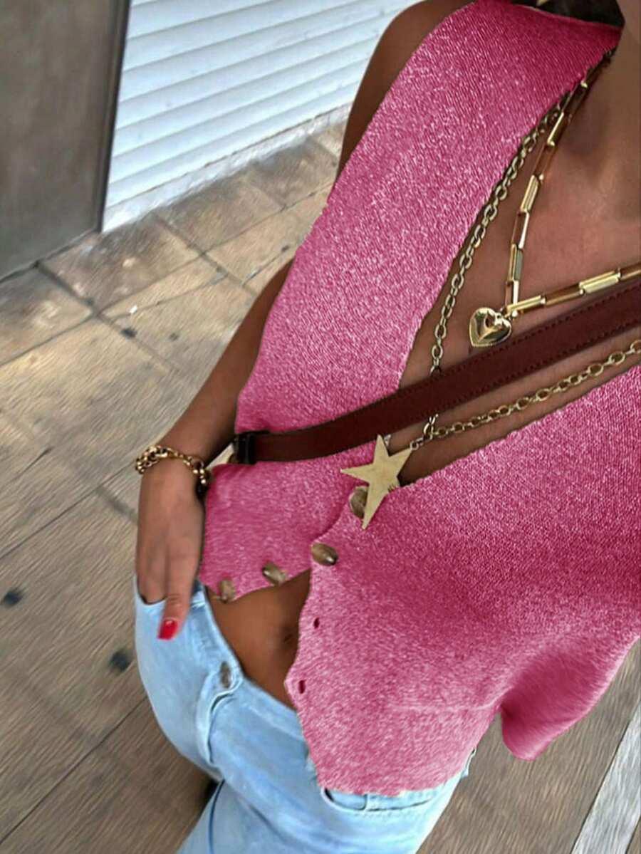 SHEIN RÓŻOWY DZIANINOWY TOP GUZIKI PK01__L