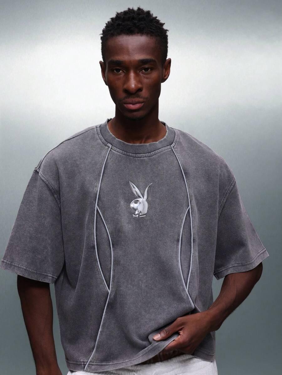 PLAYBOY SZARY T-SHIRT LOGO S09__XS