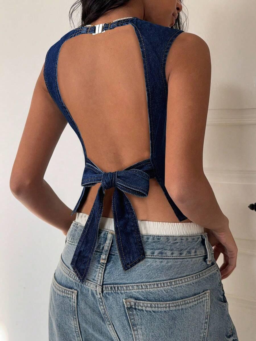 SHEIN GRANATOWY TOP ODKRYTE PLECY S06__XS