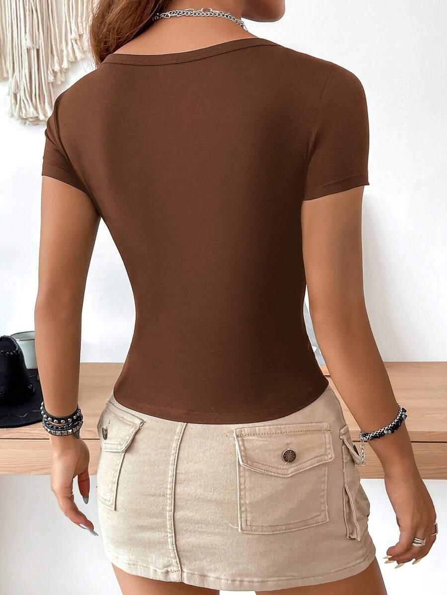 SHEIN BRĄZOWY T-SHIRT BASIC S06__L