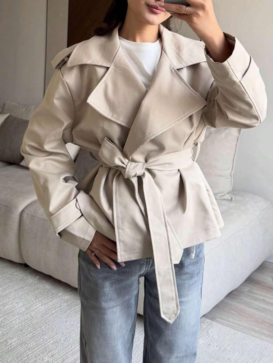 SHEIN BEŻOWY PŁASZCZ TRENCZ S06__M
