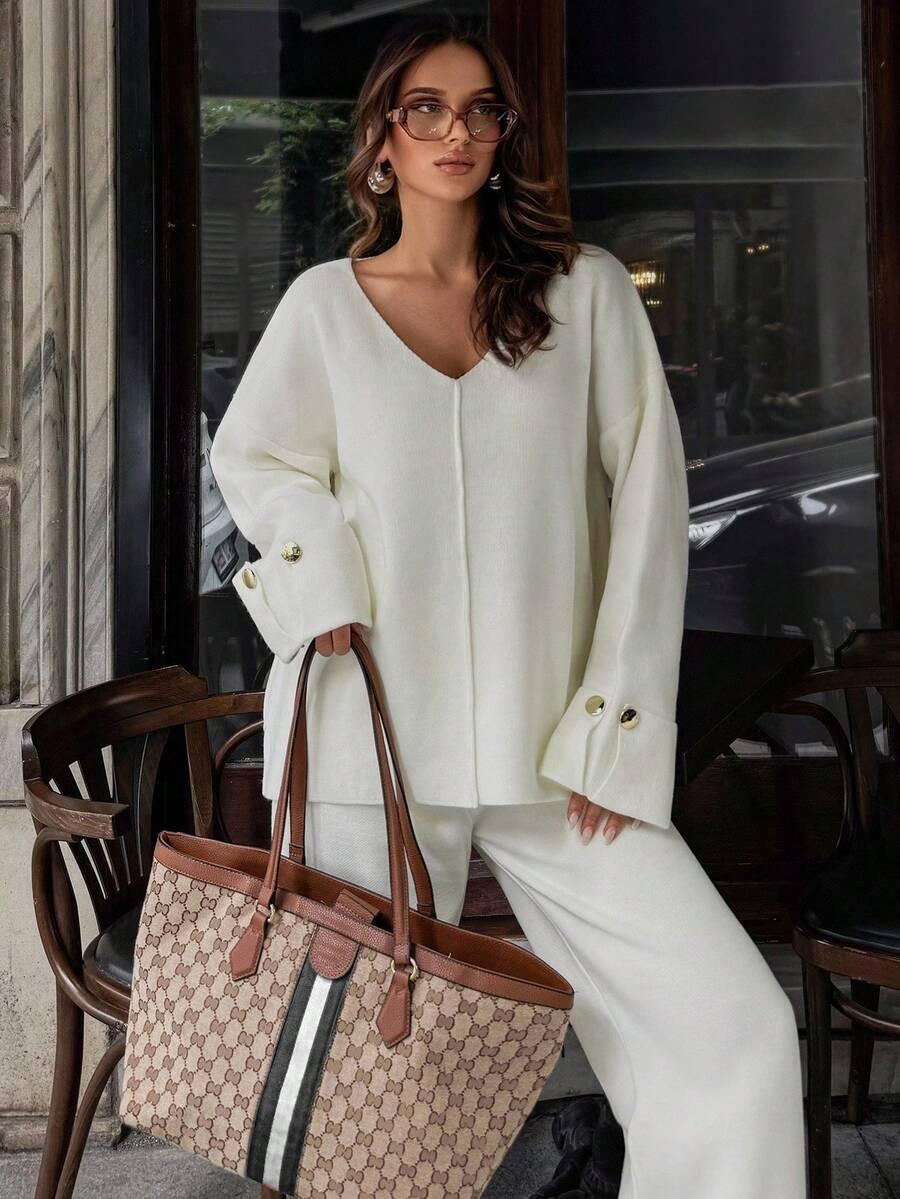 SHEIN BIAŁE SPODNIE SWETER KOMPLET S06__L