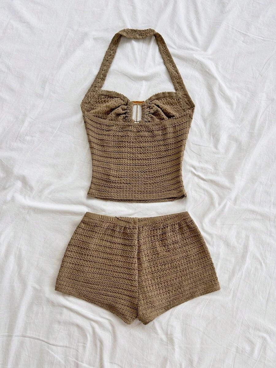 SHEIN BRĄZOWY DWUCZĘŚCIOWY KOMPLET SPODENKI TOP S06__S