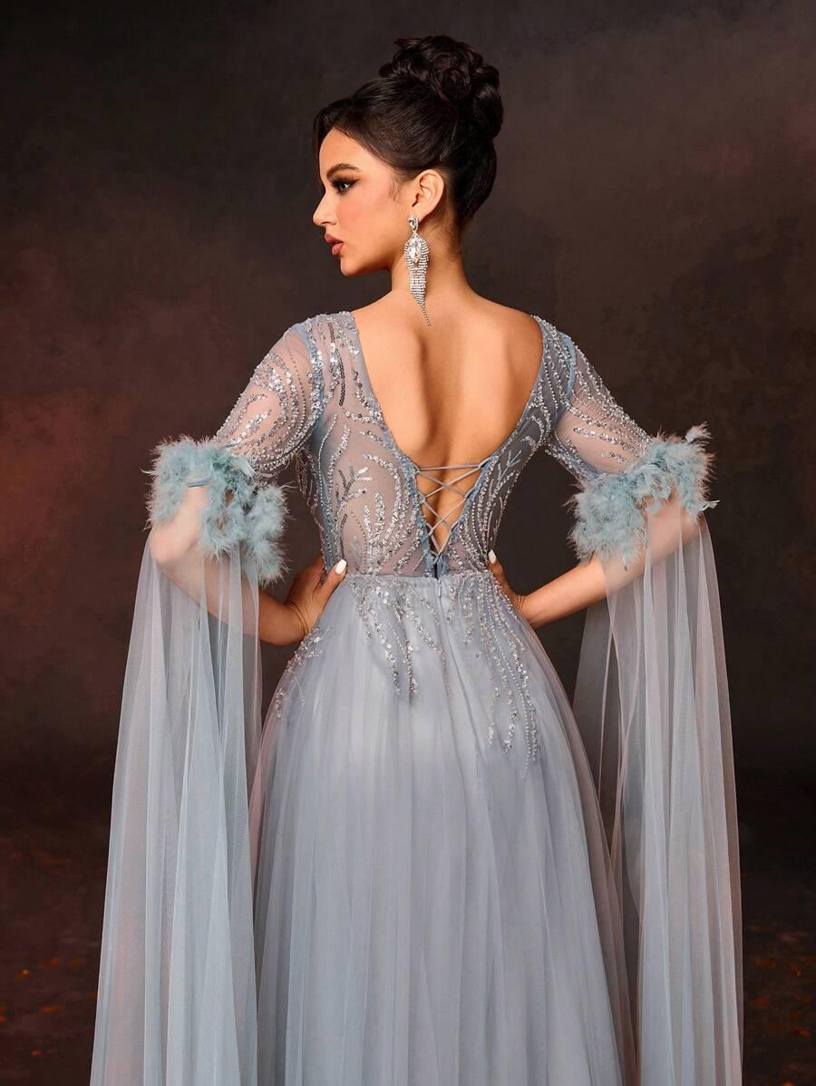 SHEIN MAXI SUKIEKA TIUL CEKINY PIÓRA S06__L