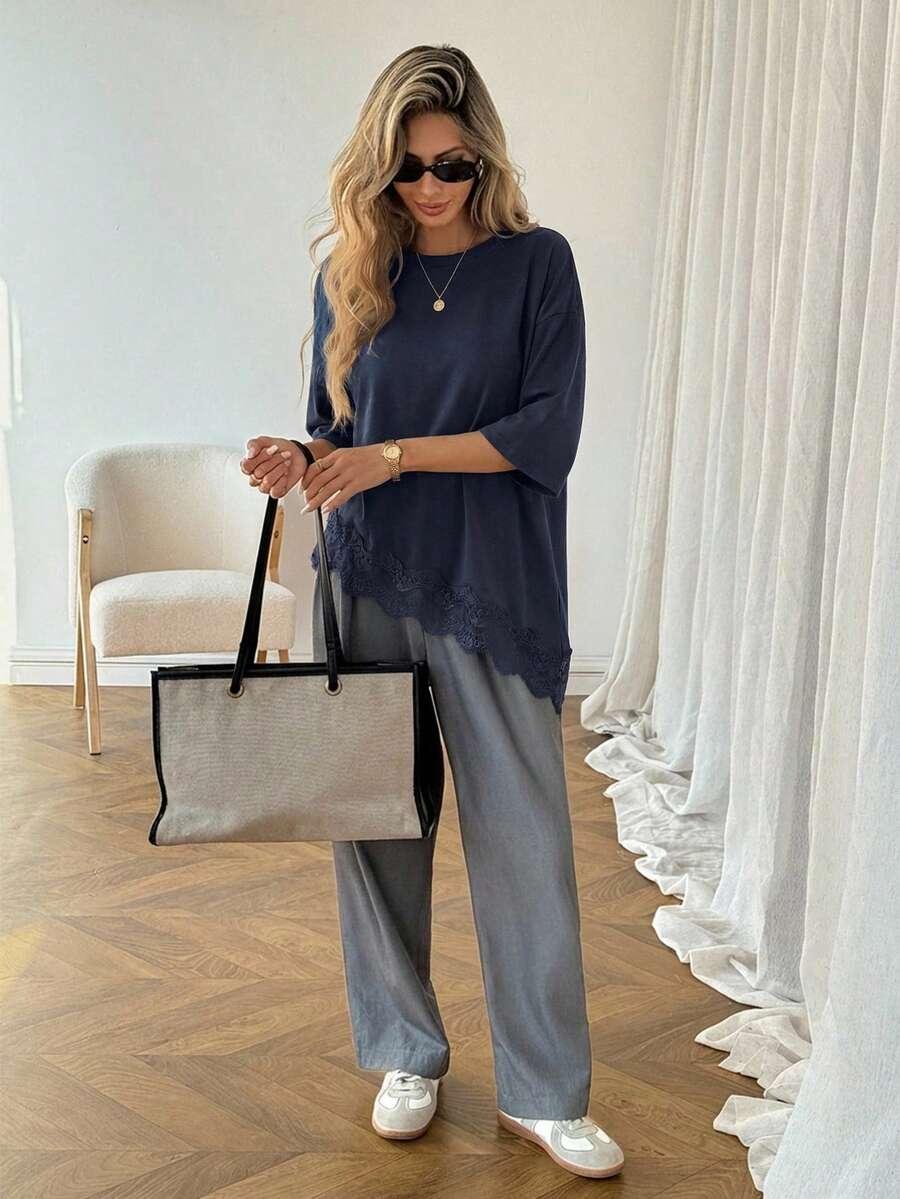SHEIN GRANATOWY T-SHIRT KORONKA S06__M