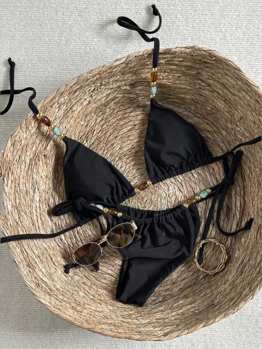 SHEIN CZARNY DWUCZĘŚCIOWY STRÓJ KĄPIELOWY ZDOBIENIE KORALIKI S09__M