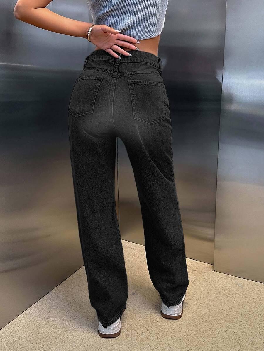 EURMUSE CZARNE SPODNIE JEANS PROSTA NOGAWKA PRZETARCIA S06__L