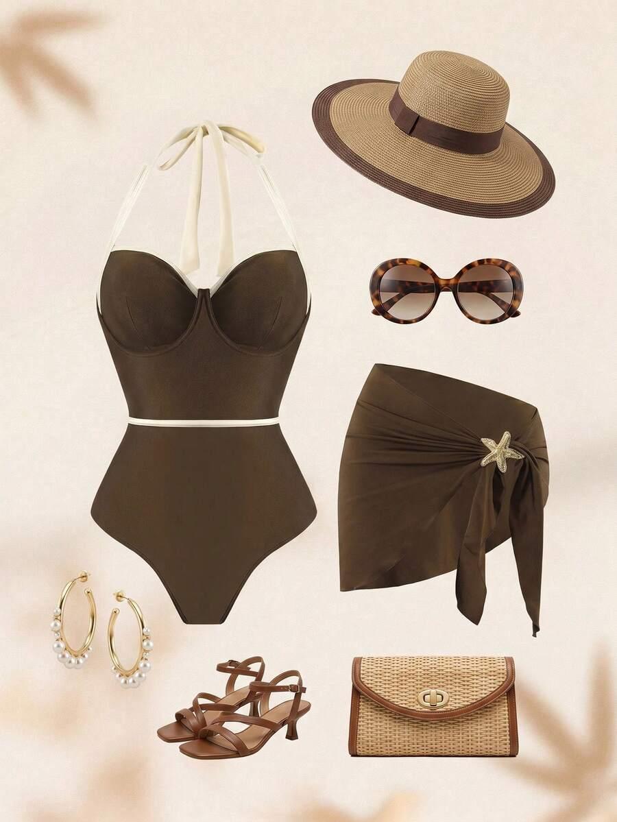 SWIM OASIS BRĄZOWY JEDNOCZĘŚCIOWY STRÓJ KĄPIELOWY SPÓDNICA S09__M