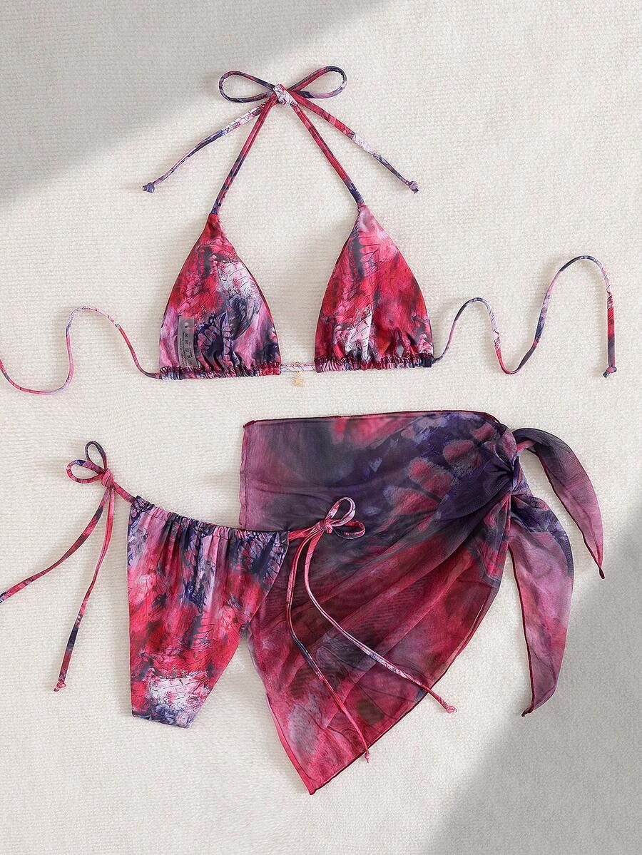 SHEIN TRZYCZĘŚCIOWY KOMPLET BIKINI PAREO WZÓR S09__L