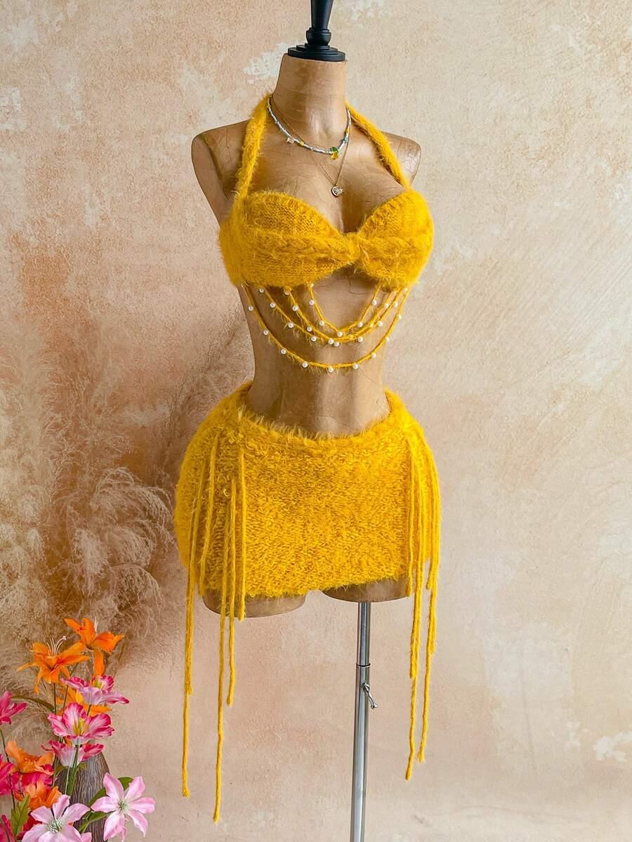 SHEIN ŻÓŁTY TOP SPÓDNICA KOMPLET S09__L