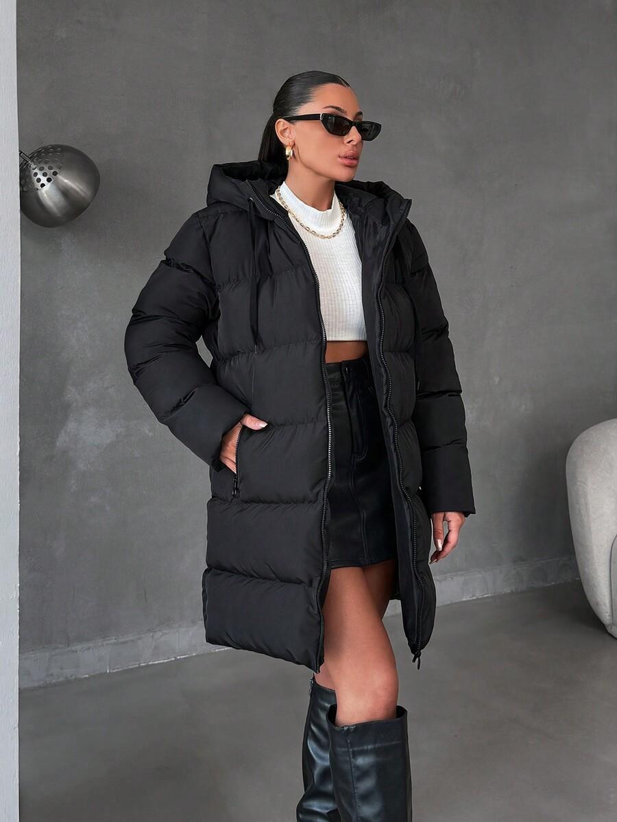 SHEIN CZARNA PIKOWANA KURTKA KAPTUR W01__M