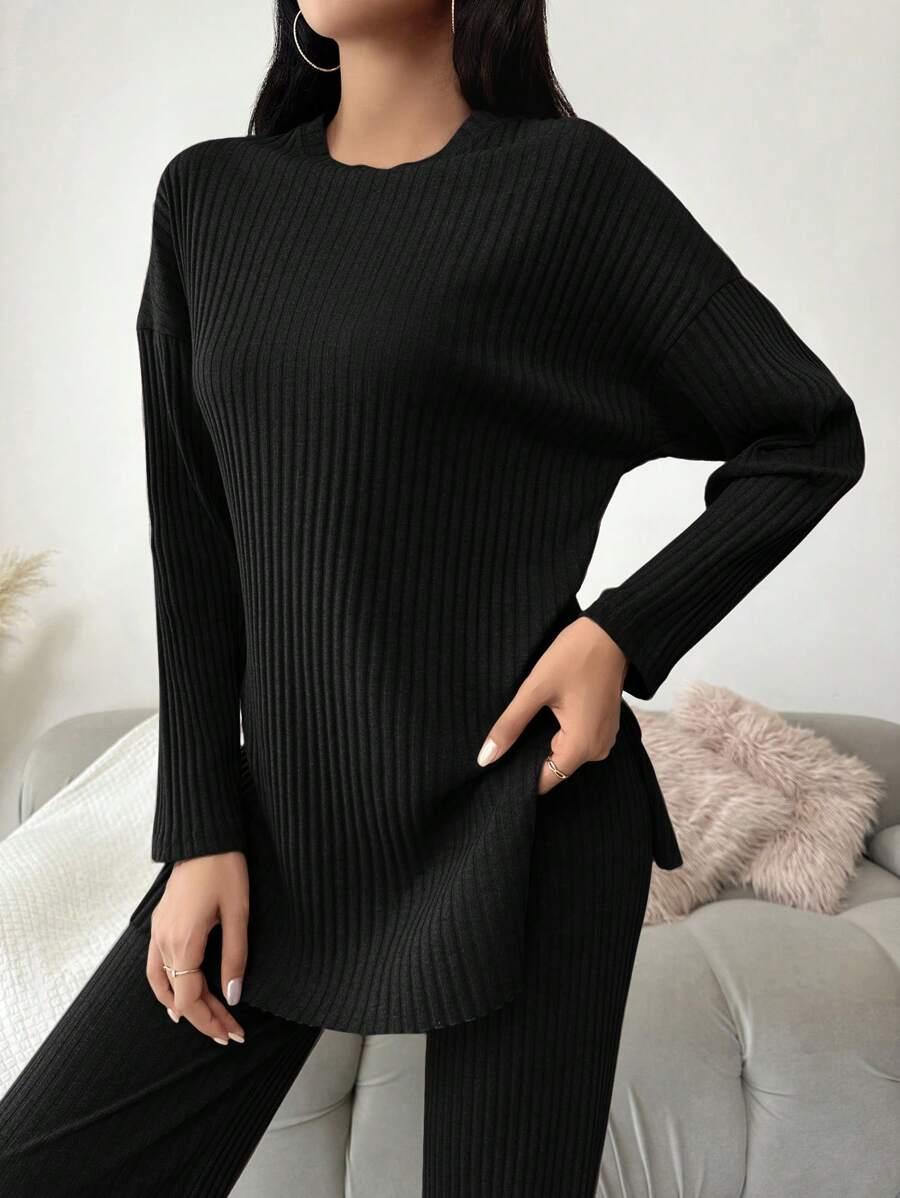 SHEIN BAWEŁNIANY CZARNY KOMPLET PRĄŻKI BLUZKA ROZCIĘCIA SPODNIE PK01__L
