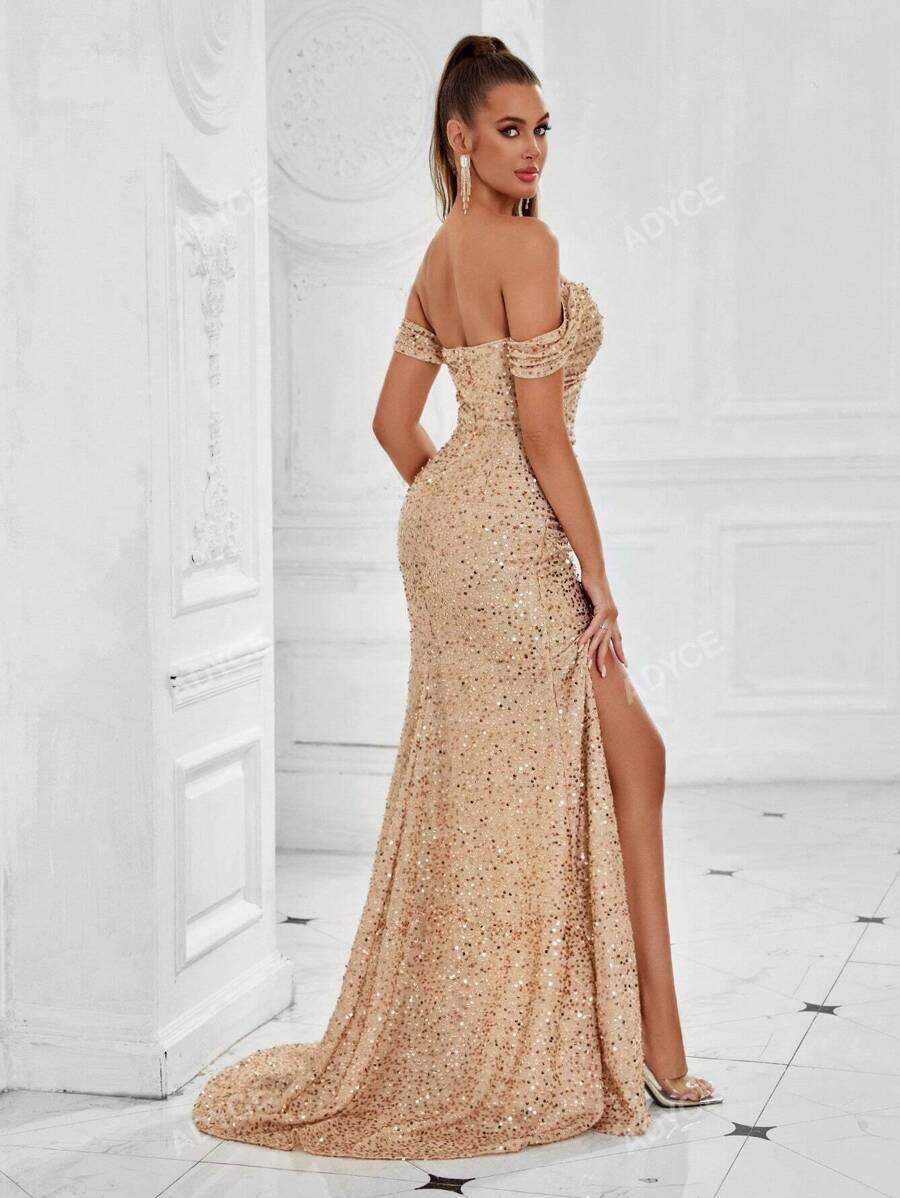 SHEIN ZŁOTA SUKIENKA ODKRYTE RAMIONA CEKINY S09__M