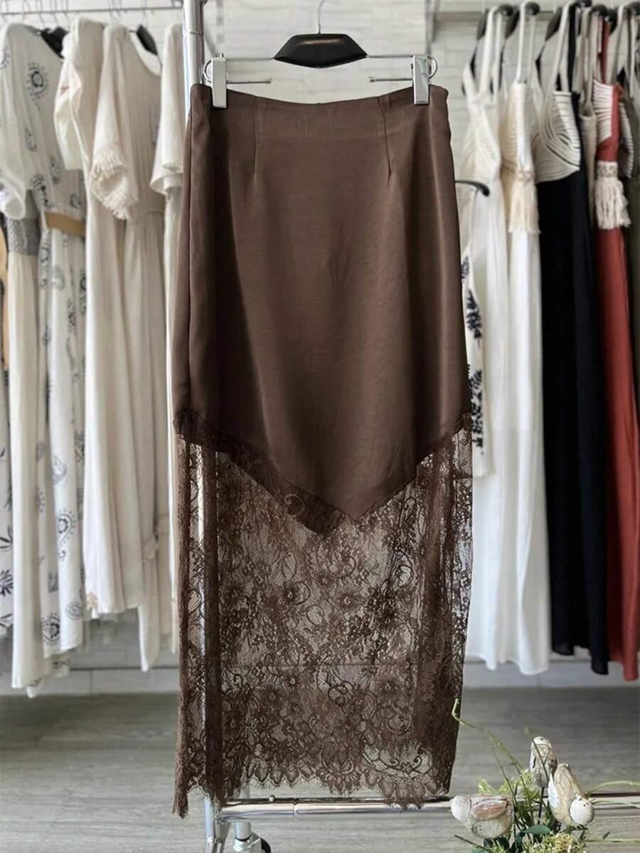 SHEIN BRĄZOWA SPÓDNICA KORONKA S06__46