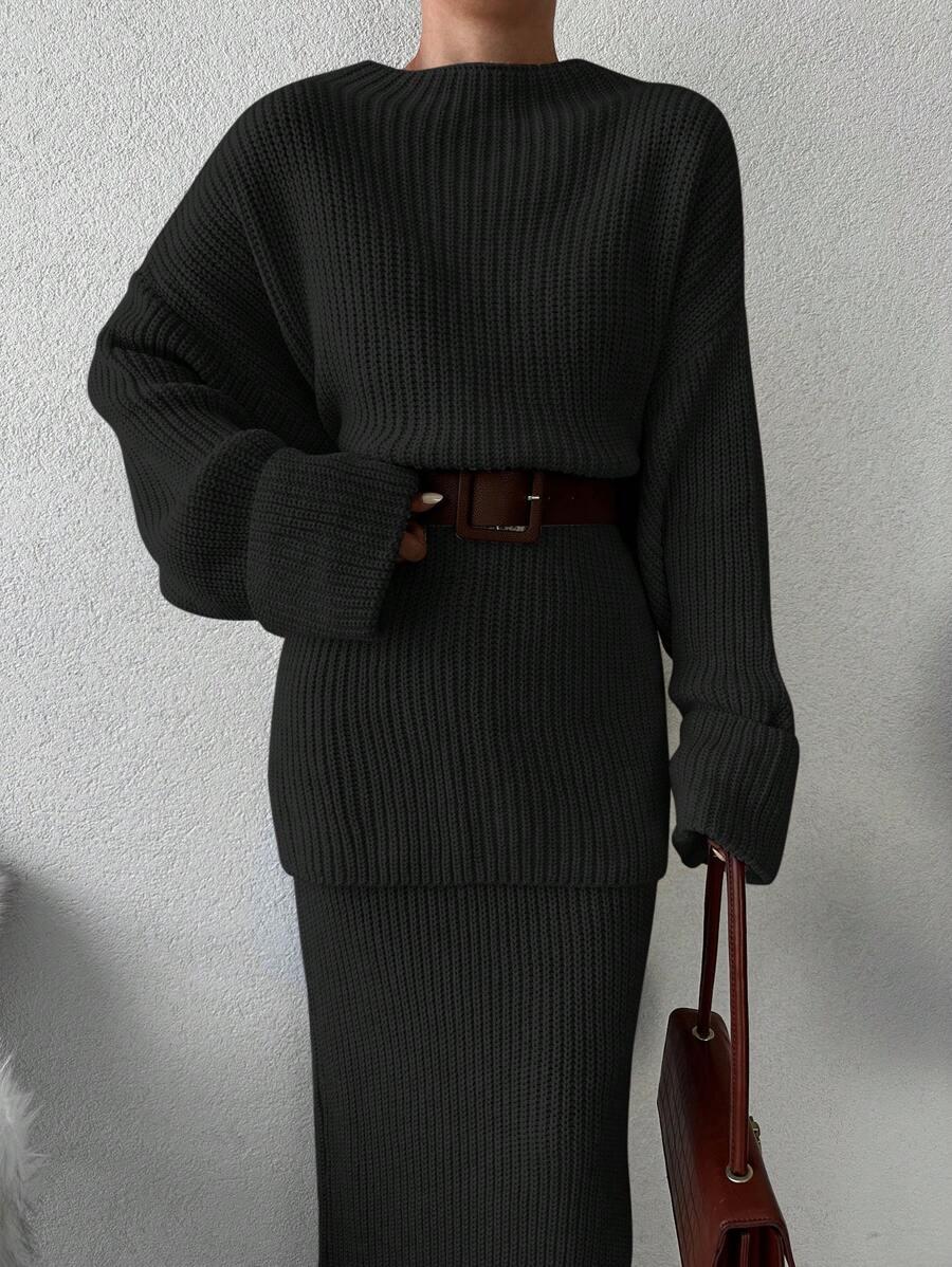 SHEIN CZARNY DZIANINOWY KOMPLET SWETER SPÓDNICA S06__L