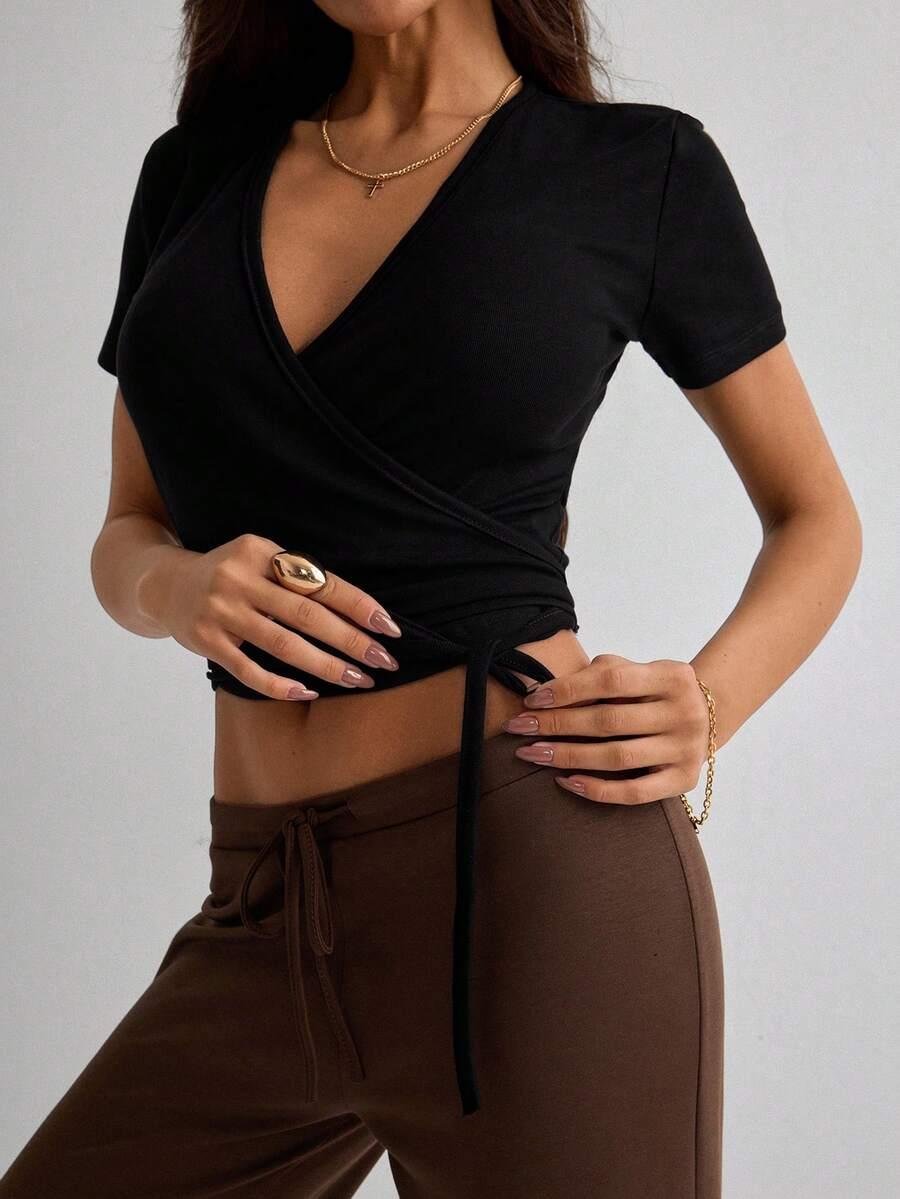 SHEIN CZARNA BLUZKA KRÓTKI RĘKAW WIĄZANIE S06__XL